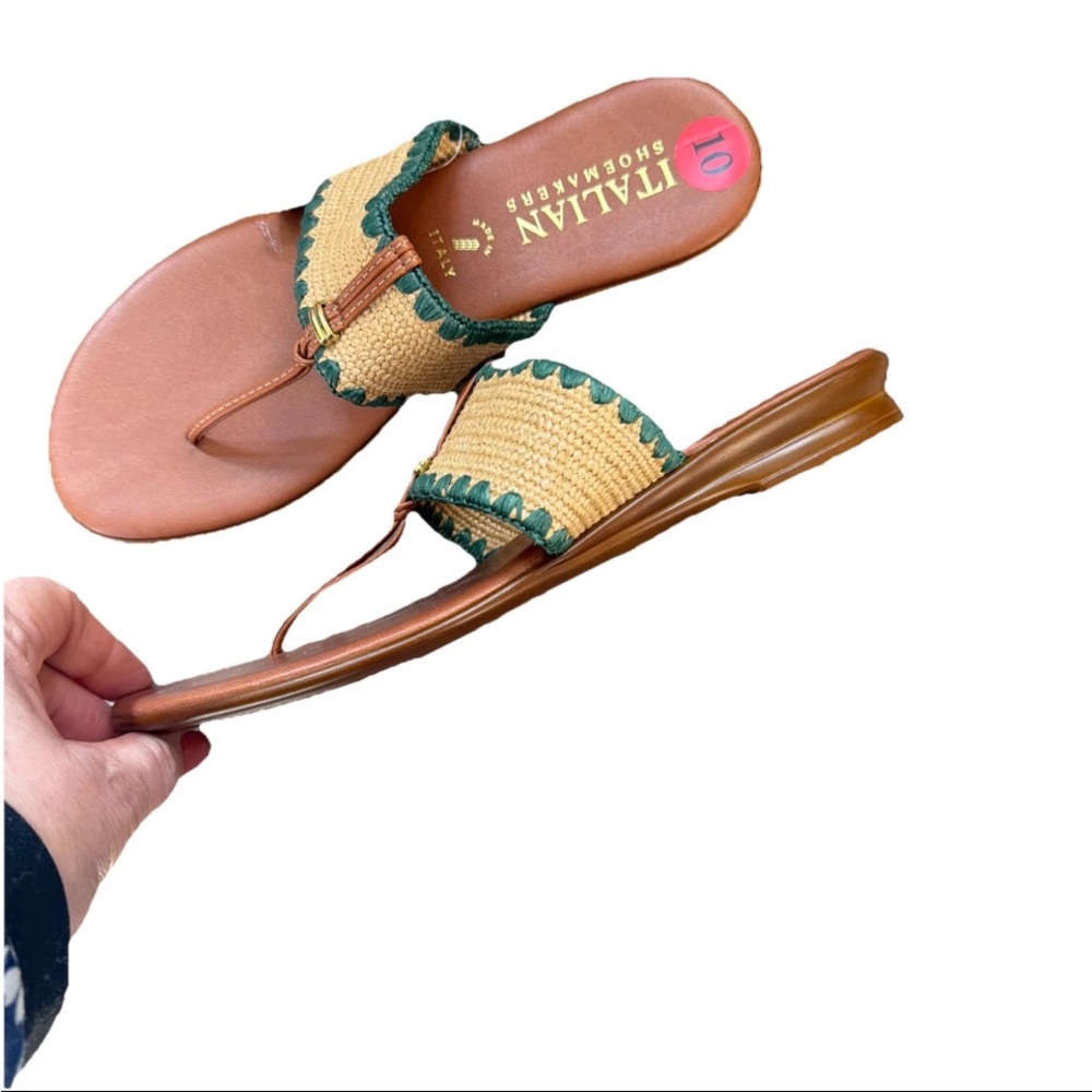 🆕 Italian Shoemakers Green and Tan Thong Sandals Raffia Accents Summer/Casual - Picture 5 of 8